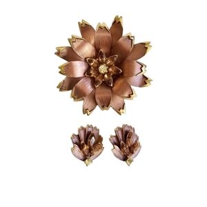 Vintage Gold Tone Rhinestone Layered Flower Brooch Pin & Clip On Earrings Set
